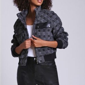 Bagatelle Black Textured‎ Tweed Plaid Bomber Jacket